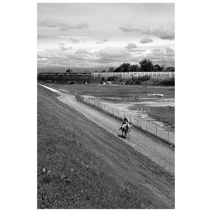A person rides a horse along a dirt path next to a grassy hill, with a train visible in the distance.