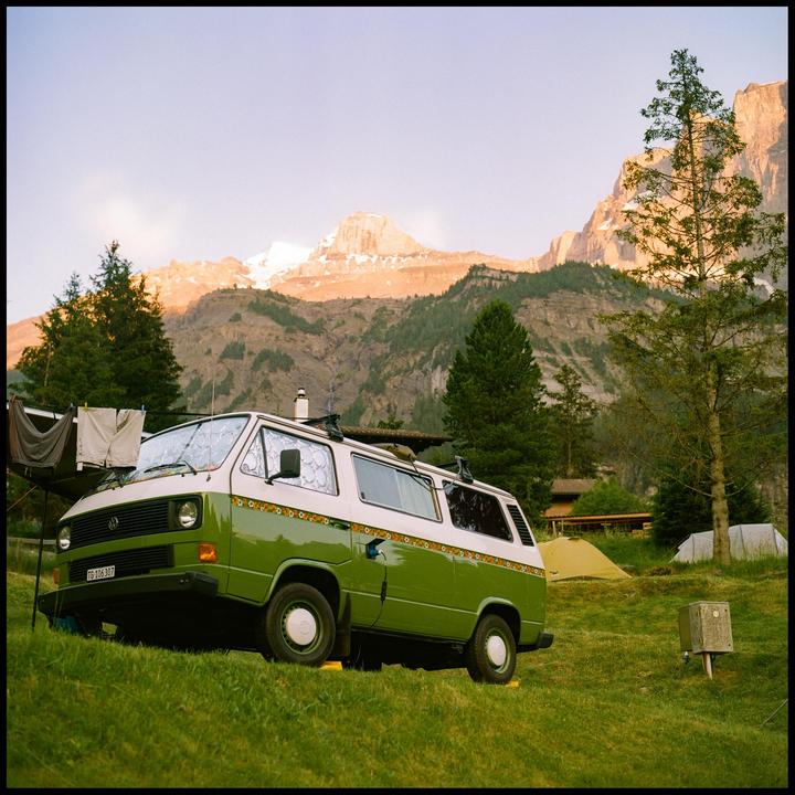 Sunset on a campsite in the Swiss Alps [Hasselblad 500 C/M, Carl Zeiss Planar 80mm f/2.8, Kodak Gold 200]