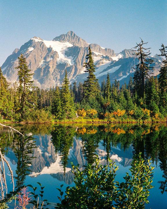 A snow-capped mountain rises above a forest and a lake that reflects the mountain and trees.