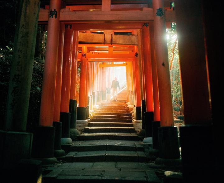A man walks up a stone staircase lined with orange torii gates, with bright light at the top.