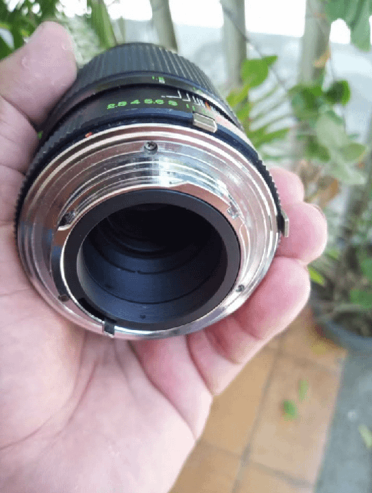 A hand holds a camera lens with a chrome mount and green aperture markings.