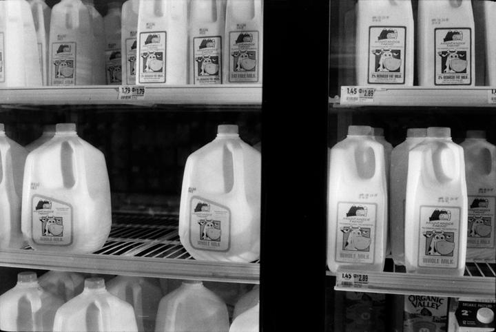 Several plastic gallon jugs of milk are visible on shelves in a refrigerated display case.