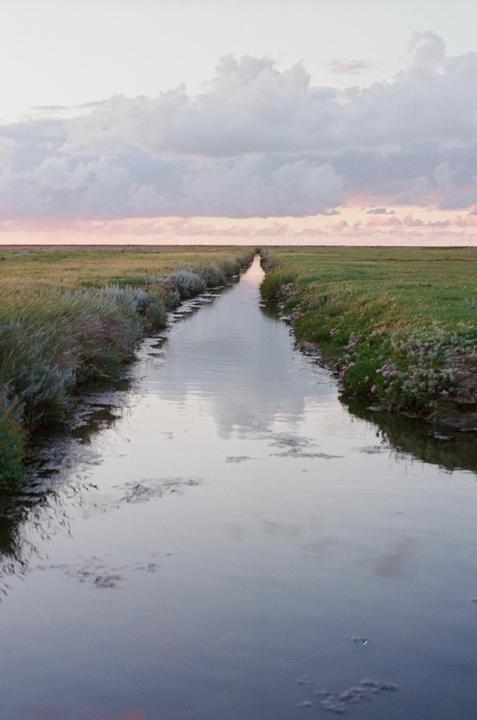 A narrow canal reflects the sky and clouds as it cuts through a grassy field at dusk.