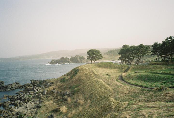 A winding path leads down a grassy hill towards a rocky coastline with trees and distant hills under a hazy sky.