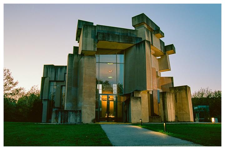 Brutalist church during twilight [Nikon F100, Ektar 100]