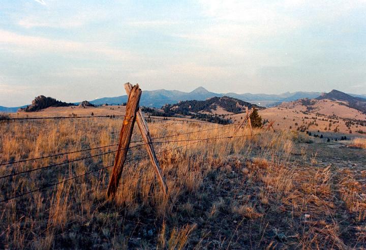 A barbed wire fence with wooden posts stretches across a dry grassy field with mountains in the distance under a pale sky.