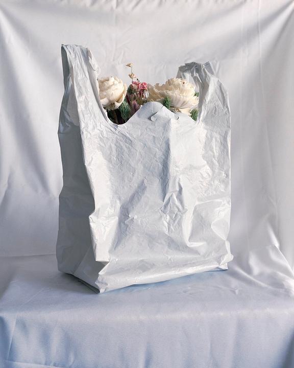 A white plastic bag filled with flowers is sitting on a white surface.