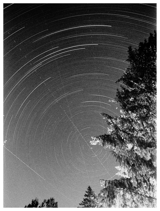 First attempt at long exposure star trails (Nikon FE2 + 24mm AI-S, Kodak T-Max P3200)