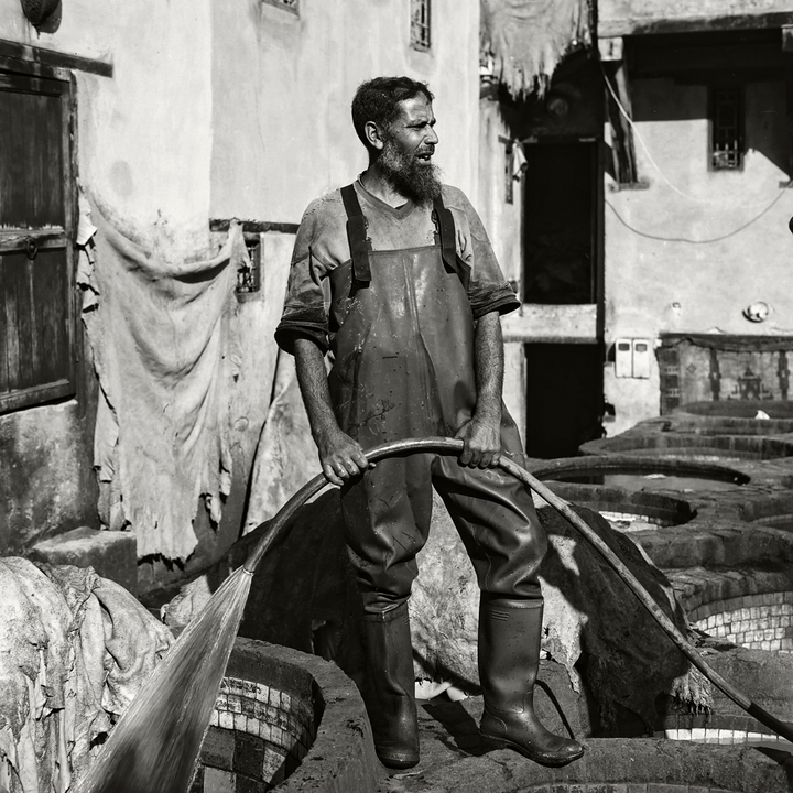 Tannery worker shot on medium format Ferrania P30 in Fes. Mamiya C330 / Mamiya Sekor 1:2.8 f=80mm.