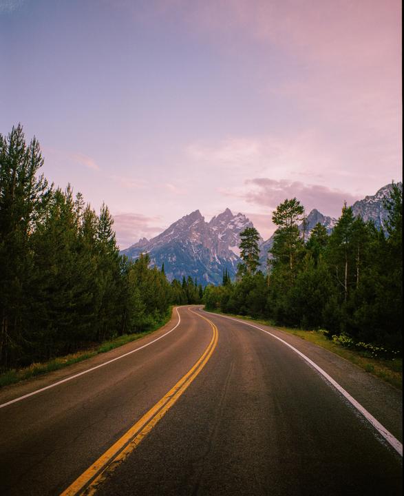A winding road leads through a forest towards snow-capped mountains under a pink and purple sky.