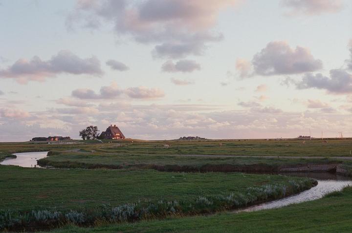 A small river winds through a green field with a house and trees on a distant hill under a cloudy sky.