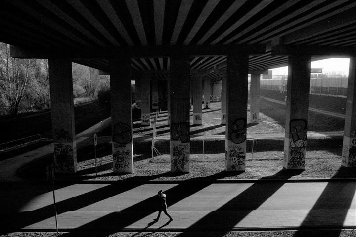 A person walks on a sidewalk under a bridge with many pillars casting long shadows.