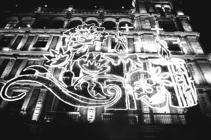 A building is decorated with illuminated outlines of flowers, candles, and skulls.
