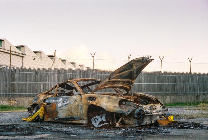 Burnt out Porsche, Olympus 35SP on Portra 800