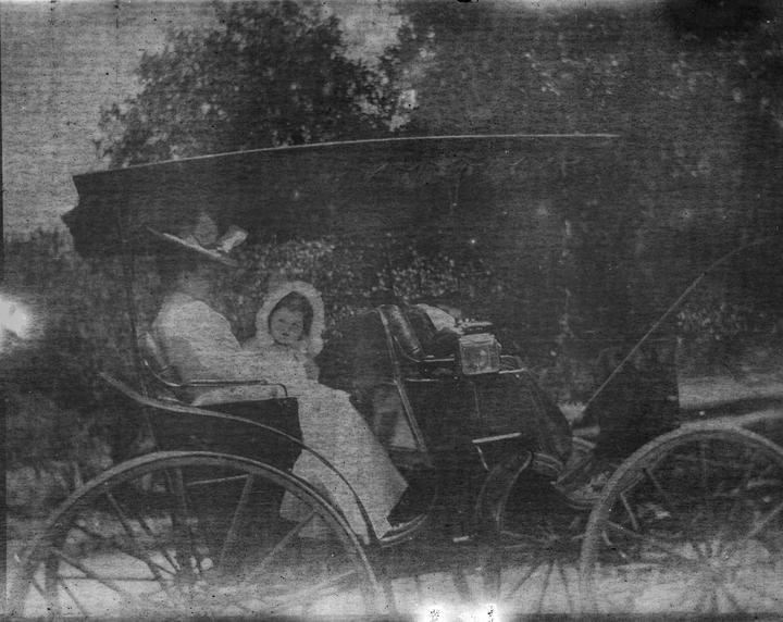A woman and a child sit in a horse-drawn carriage.
