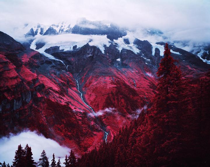 Mürren, Switzerland [Kodak Aerochrome 1443 (C41), Mamiya 7ii, 80mm, B+W 099 filter]
