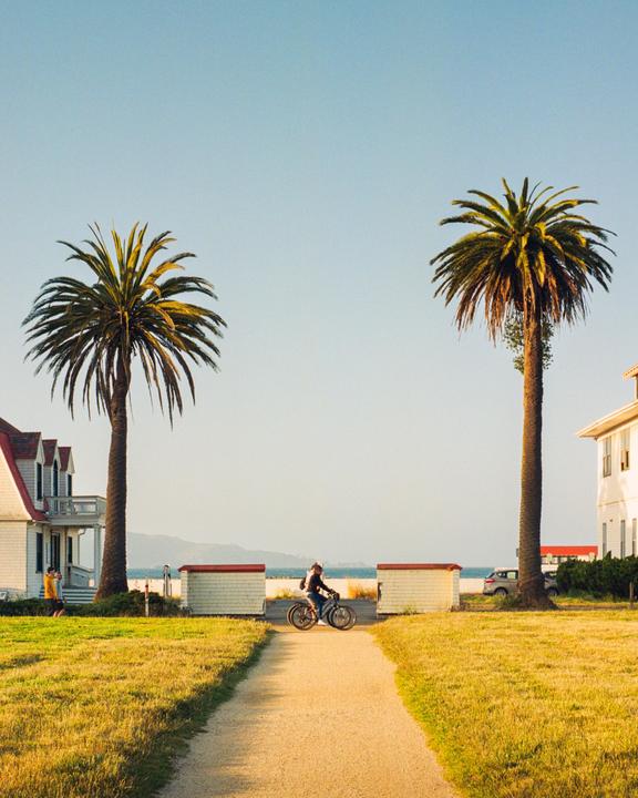 A person rides a bicycle on a path between two palm trees and houses, with the ocean in the background.