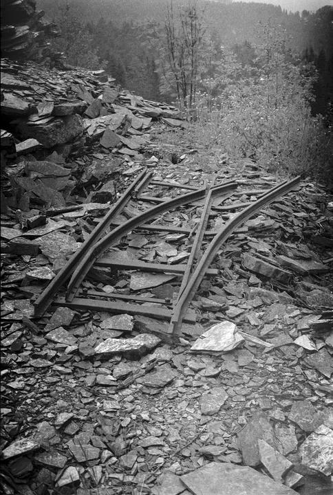 A set of abandoned train tracks lies on a pile of rocks with trees in the background.