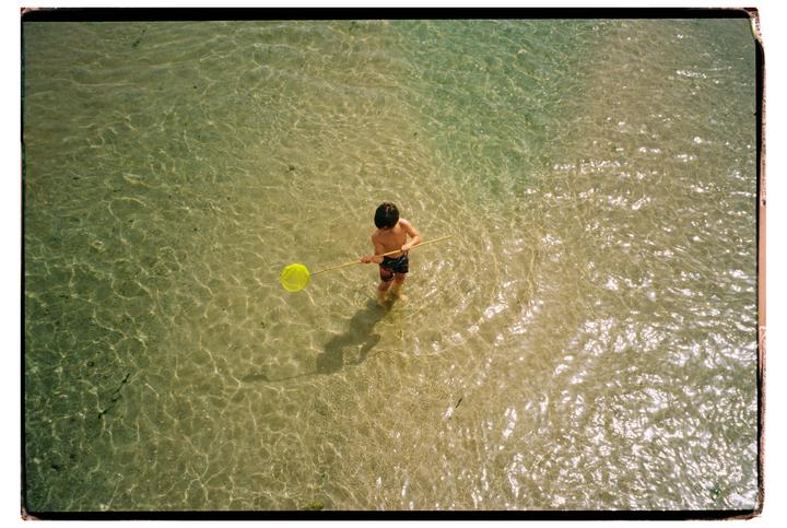 A boy stands in shallow, clear water holding a yellow net.